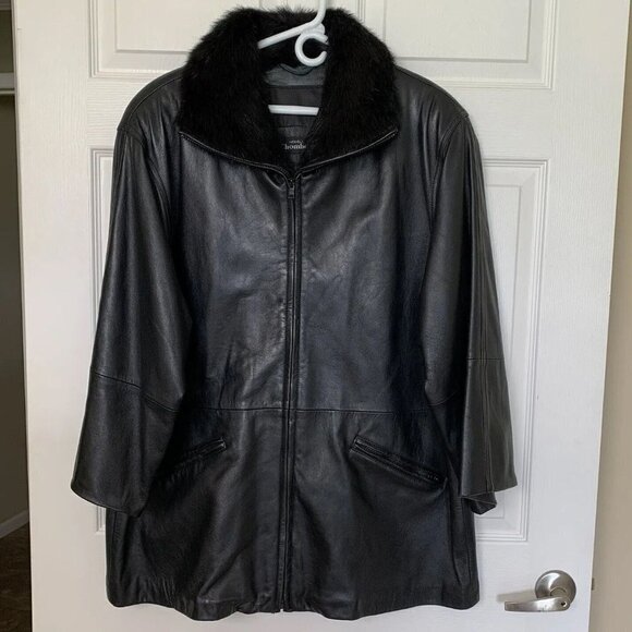 Vintage Modele XL Chombert Leather Coat Jacket Women’s Black Fur Collar Zip